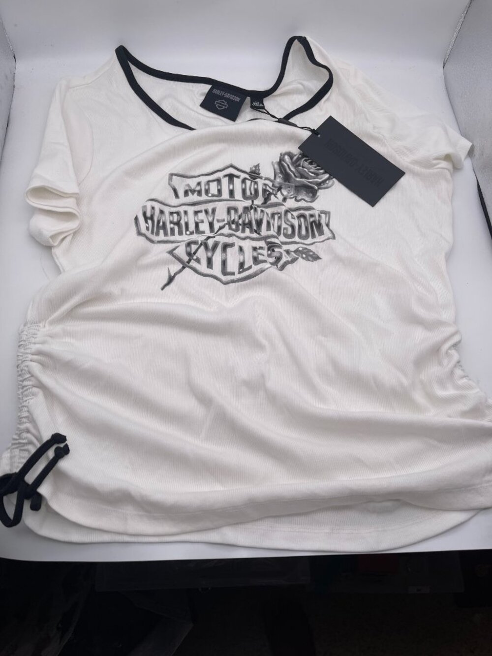 Harley-Davidson Women's 2XL White Scoop Neck Graphic Rose Logo T-Shirt New Y
